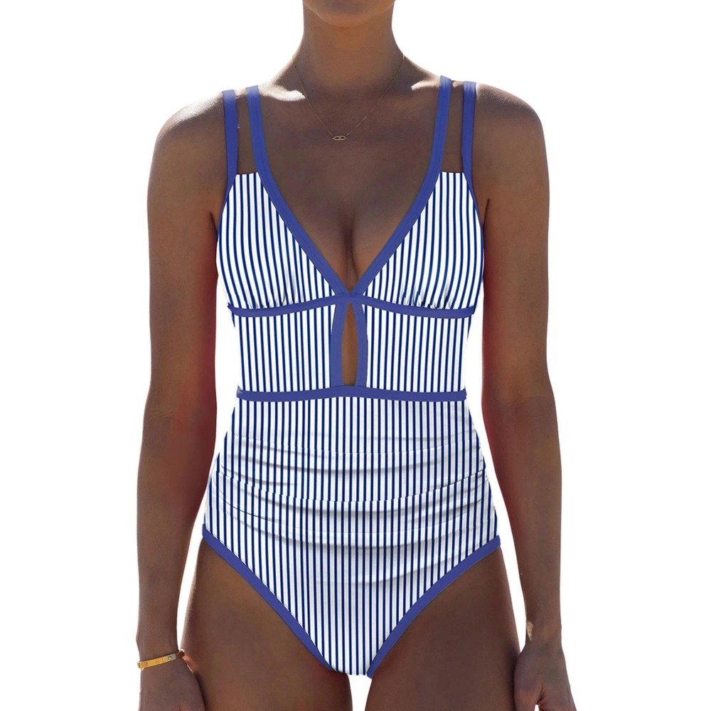 NWT Popvil Women One Piece Swimsuit 2026 Blue White Striped Tummy Control XL
